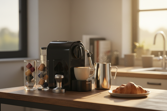 Professional capsule & holders, coffee tamper, and milk frothers creating a perfect morning coffee sanctuary, by Brew-Nest.