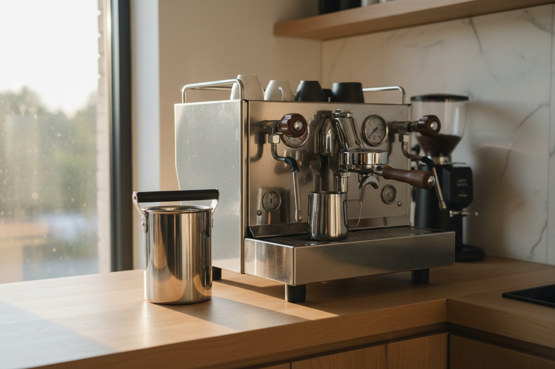 A professional home cafe setup featuring a knock box, cleaning brush, and coffee tamper, by Brew-Nest.