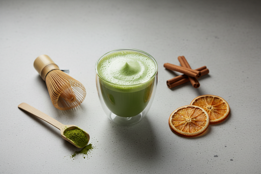 Vibrant green matcha latte in a double-wall glass with silky foam, surrounded by matcha whisk, powder scoop, and autumn spices on a concrete surface