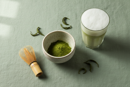 Vibrant green matcha powder in a ceramic bowl with a bamboo whisk and frothy matcha latte on a sage green linen surface