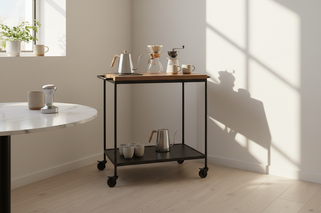 A beautiful and serene minimalist home cafe station styled with professional mobile home cafe carts and barista accessories that maximize extraction consistency, by Brew-Nest.