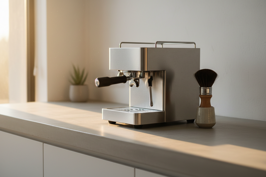 A beautiful and serene minimalist home cafe station styled with professional espresso maintenance tools and premium brewing accessories that maximize extraction consistency, by Brew-Nest.