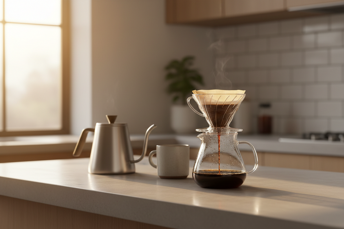 A beautiful and serene minimalist home cafe station styled with a premium pour over system and professional barista accessories that maximize extraction consistency, by Brew-Nest.