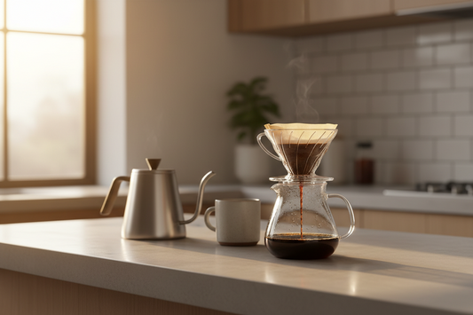 A beautiful and serene minimalist home cafe station styled with a premium pour over system and professional barista accessories that maximize extraction consistency, by Brew-Nest.