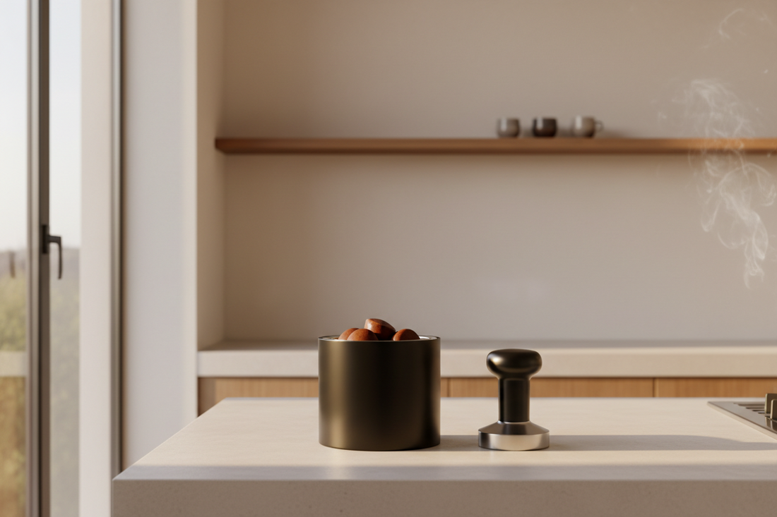 A beautiful and serene minimalist home cafe station styled with a professional knock box and premium espresso accessories that maximize workspace cleanliness, by Brew-Nest.