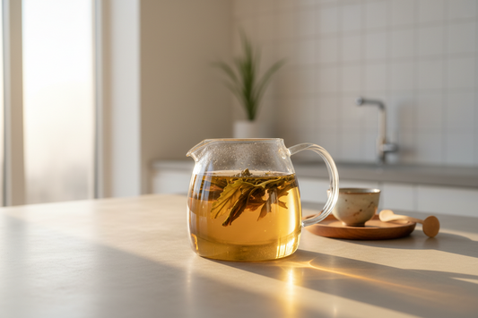 A beautiful and serene minimalist home cafe station styled with a premium glass teapot and professional tea brewing accessories that maximize extraction consistency, by Brew-Nest.