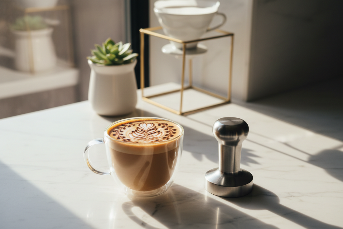A beautiful and serene minimalist home cafe station styled with professional coffee stencils and barista accessories that maximize extraction consistency, by Brew-Nest.