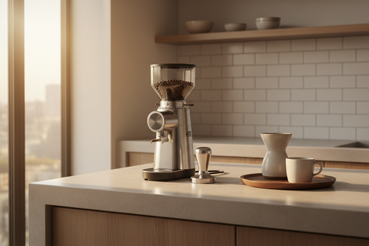 A beautiful and serene minimalist home cafe station styled with professional coffee grinders and barista accessories that maximize extraction consistency, by Brew-Nest.