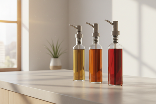 A beautiful and serene minimalist home cafe station styled with professional syrup dispensing pumps and premium flavoring ingredients that maximize beverage consistency, by Brew-Nest.