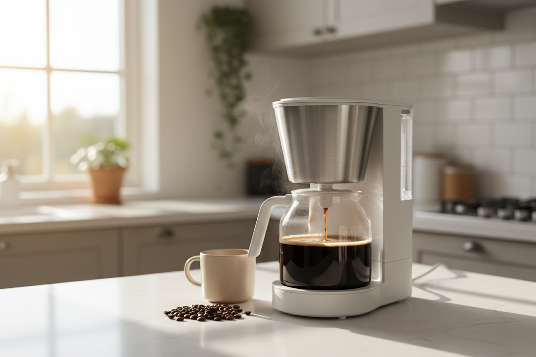 Automatic drip coffee maker brewing into a thermal carafe on a white kitchen counter with morning light