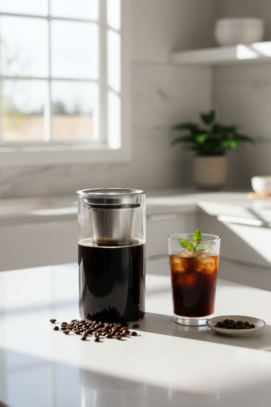 Best cold brew coffee maker for home use on a kitchen counter with iced coffee and coffee beans