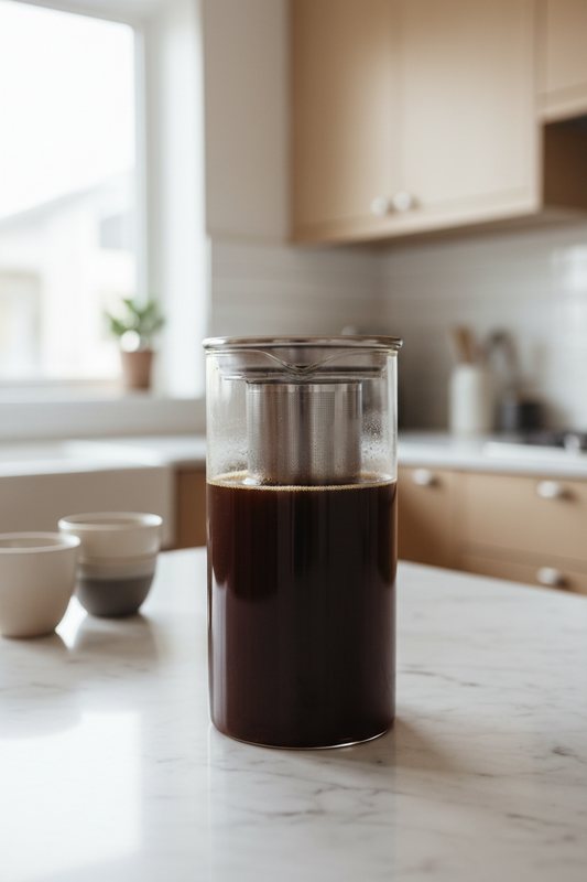 Glass cold brew coffee maker on marble countertop with soft natural light