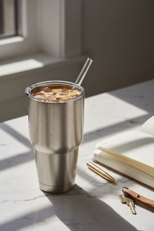 Insulated stainless steel tumbler with iced coffee and straw on marble surface