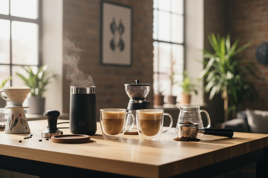 Professional double wall glass, coffee tamper, and milk frothers creating a perfect morning coffee sanctuary, by Brew-Nest.