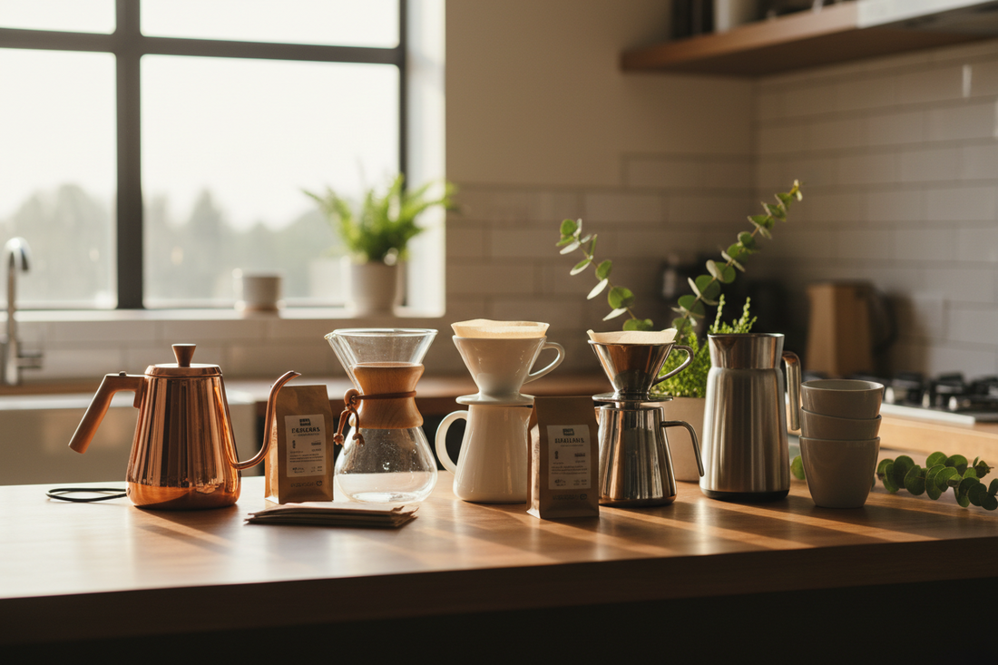 Professional pour over starter kits, milk frothers, and gooseneck kettles creating a perfect morning coffee sanctuary, by Brew-Nest.