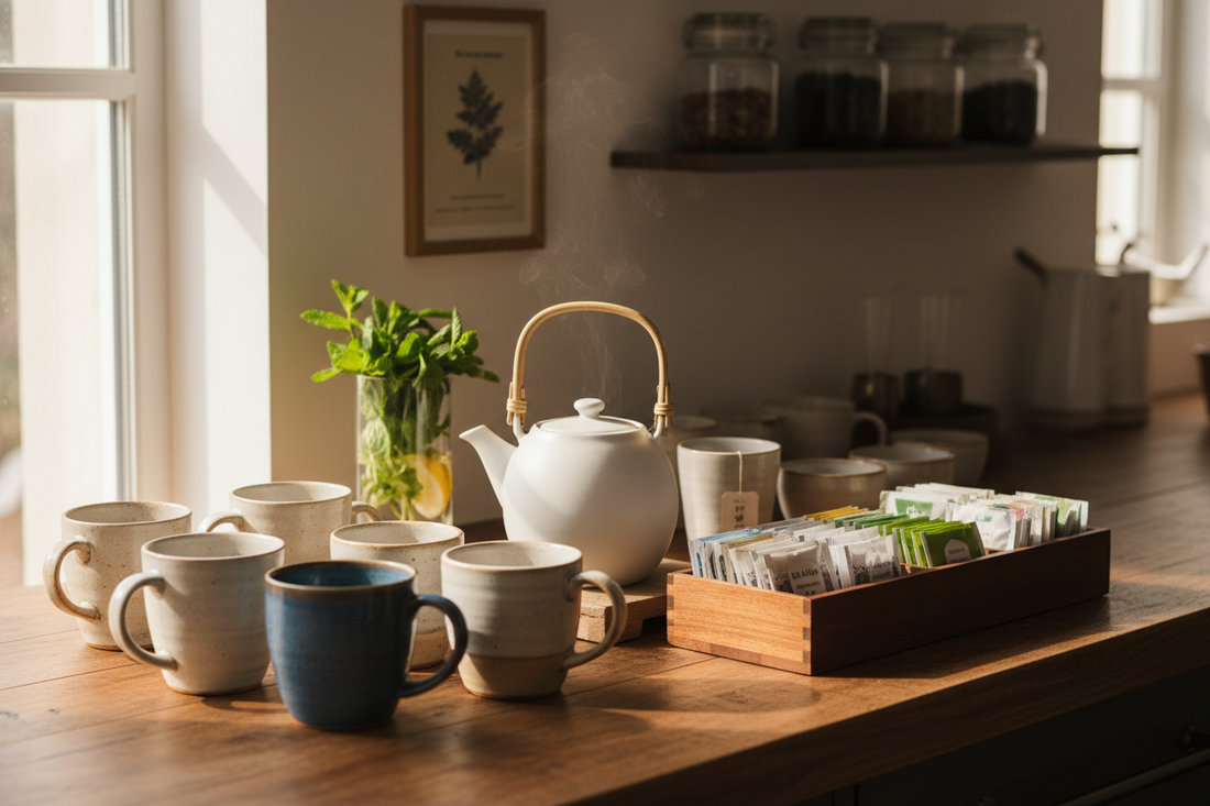 Professional tea mugs, premium tea bags, and teapots creating a serene home tea sanctuary, by Brew-Nest.