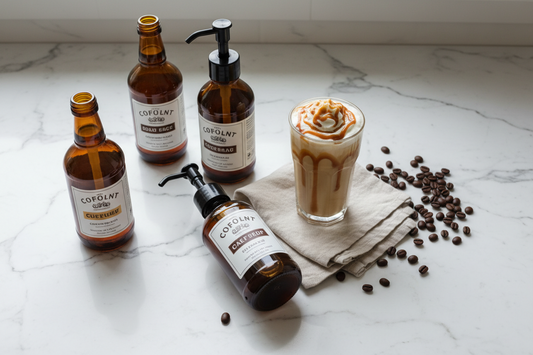 Coffee syrup bottles and iced latte on marble countertop for home café setup