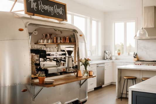 A professional home cafe setup featuring a mobile home cafe cart, grinder, and capsule & holders, by Brew-Nest.