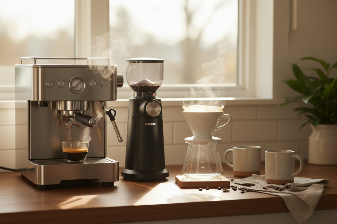 Home coffee brewing setup with a semi-automatic espresso machine, electric burr grinder, and ceramic V60 dripper on a kitchen counter with soft morning light