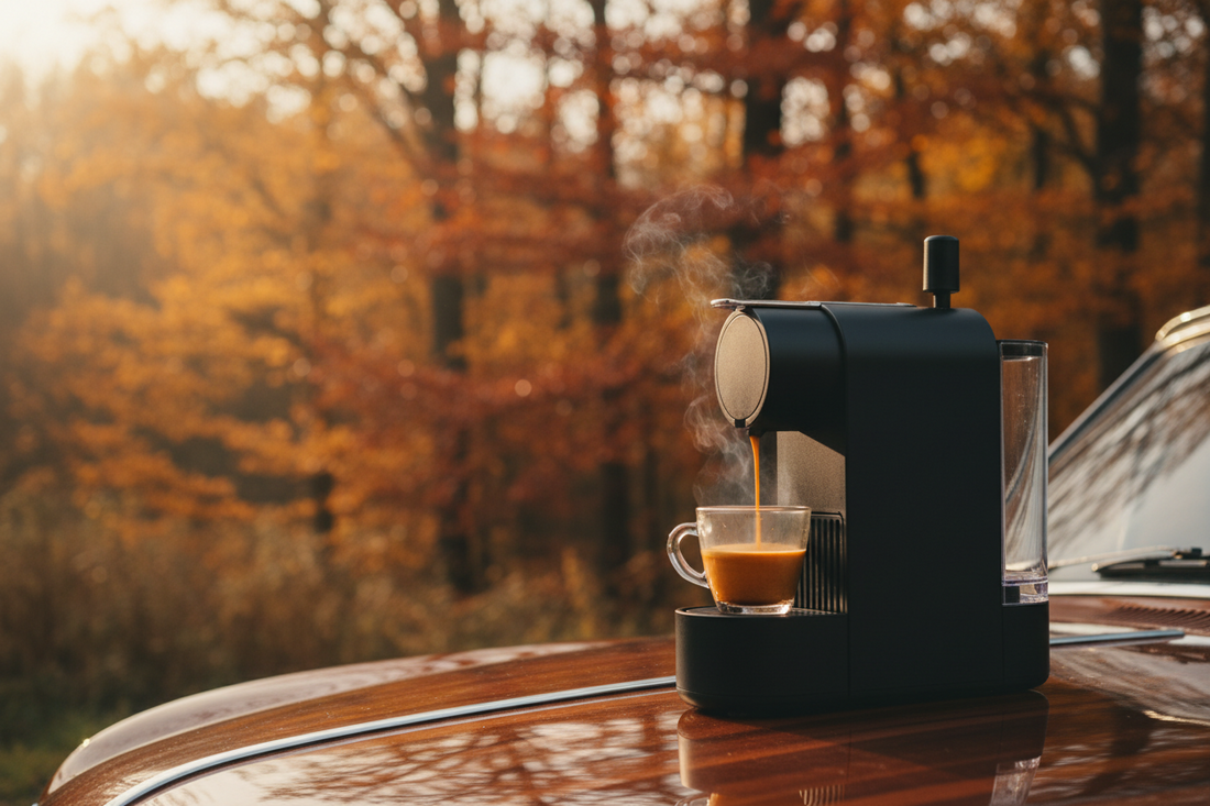 Portable espresso machine pulling a shot at a fall trailhead with autumn foliage in the background