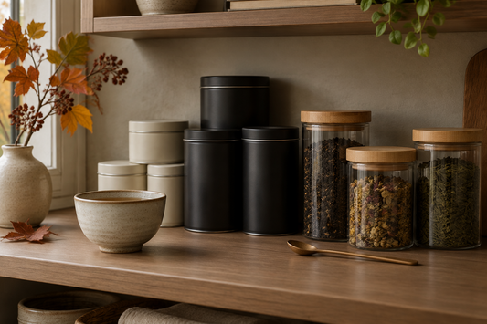 Ivory and black tea tins beside glass jars with bamboo lids on a shaded autumn tea shelf.