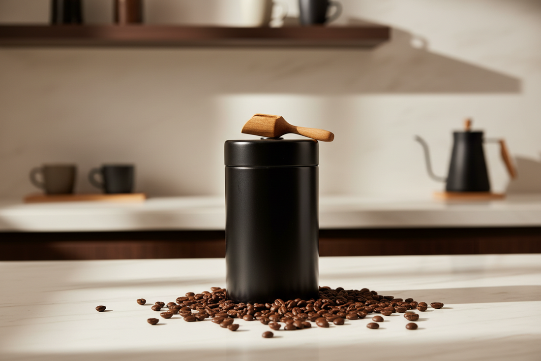 Matte black airtight coffee canister with one-way valve and roasted coffee beans on a marble countertop home café setup