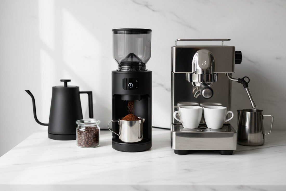 Electric burr grinder with freshly ground espresso on a marble countertop home café setup