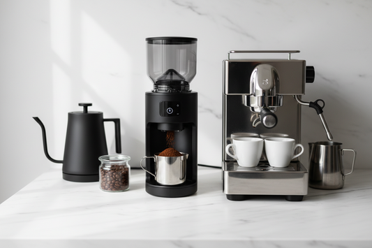 Electric burr grinder with freshly ground espresso on a marble countertop home café setup