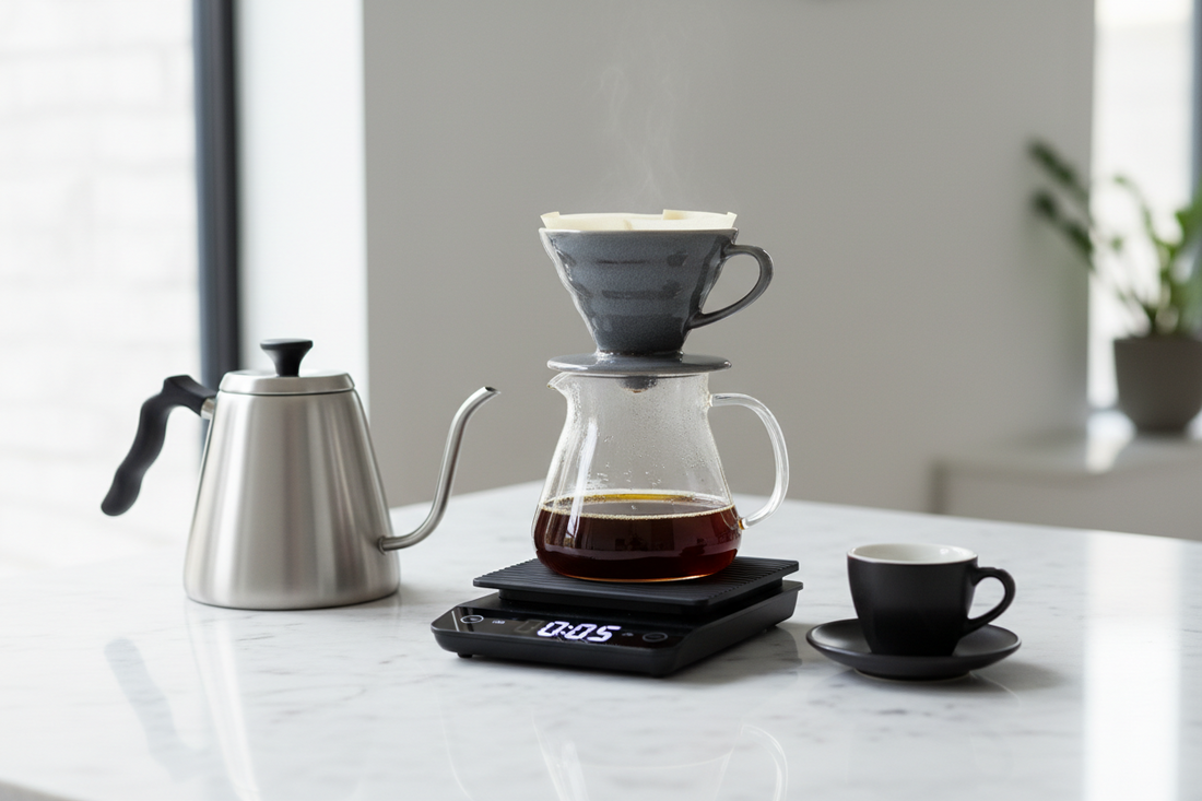 Digital coffee scale with timer next to a pour over dripper and espresso cup on a marble countertop home café setup