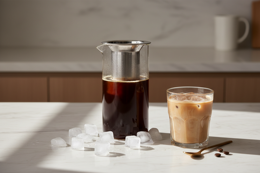 Glass cold brew pitcher with coffee concentrate and iced cold brew on a marble countertop home café setup