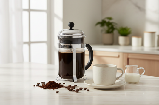 Stainless steel French press with freshly brewed coffee and ceramic mug on a marble countertop home café setup