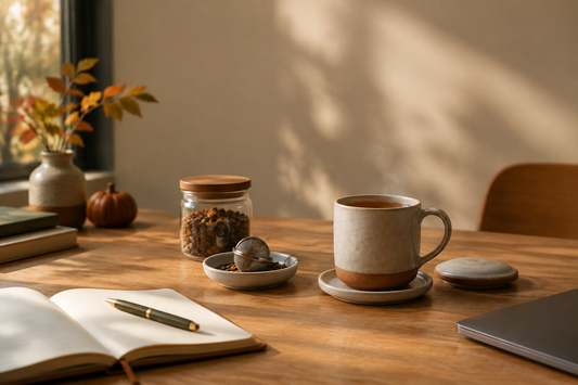 Tidy fall work desk with a loose-leaf tea mug, removable infuser, and small drip dish