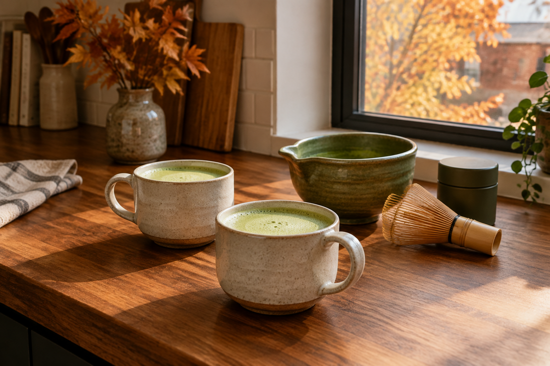 Two warm matcha lattes beside a spouted matcha bowl and bamboo whisk in a small kitchen