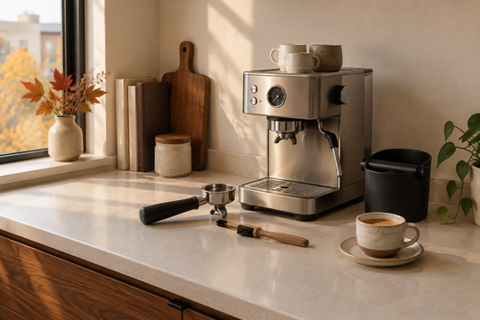 Compact home espresso station with a knock box and cleaning brush on a small kitchen counter