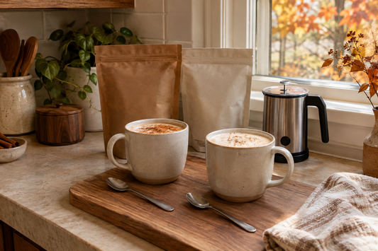 Two warm chai lattes with traditional and vanilla chai supplies on a compact kitchen counter