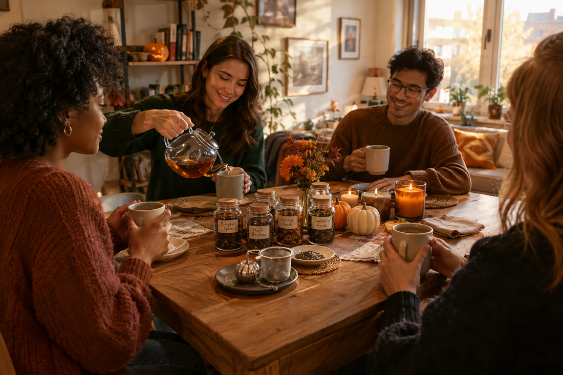 Small-space Halloween tea party table with pumpkin tea infusers, ceramic mugs, and loose-leaf tea