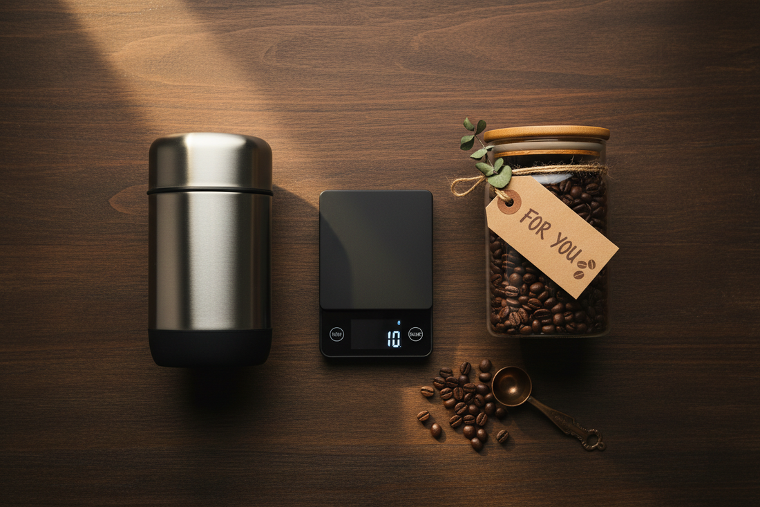 Curated coffee gift set including a vacuum canister, precision scale, and glass storage jar arranged on a dark wood surface