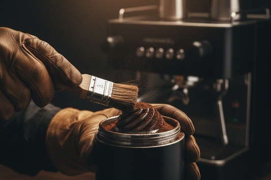 Hand cleaning coffee grinder burrs with a stiff brush showing oil and grounds buildup on the burr surface