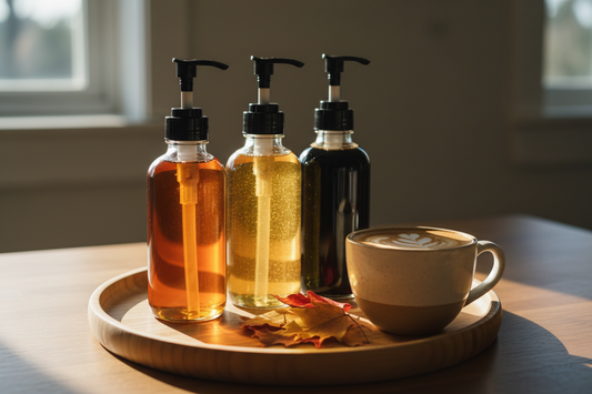 Three homemade coffee syrups in glass pump bottles on a bamboo tray beside a fall latte on a kitchen counter