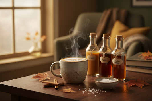 Steaming fall latte in a ceramic mug surrounded by flavored coffee syrup bottles, cinnamon sticks, and sea salt on a dark wood table