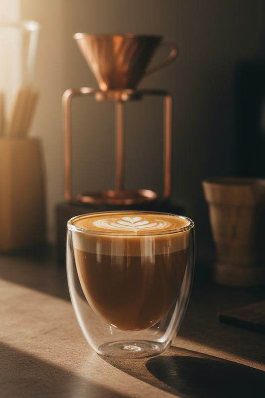 Double wall glass mug with rosetta latte art showing the floating effect against a dark coffee bar background