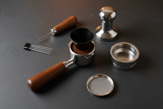 Espresso puck prep tools including WDT needle tool, tamper, distributor, dosing funnel, and puck screen arranged around a portafilter basket