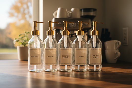 Five fall coffee syrups with gold pumps lined up on a home coffee bar counter, warm autumn lighting