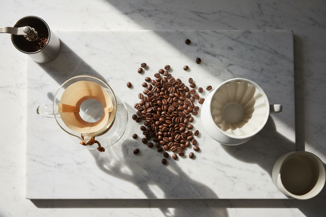 Chemex and Hario V60 pour over coffee brewers side by side on marble surface for comparison