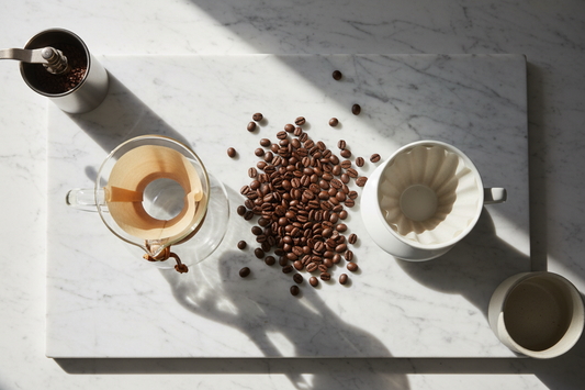 Chemex and Hario V60 pour over coffee brewers side by side on marble surface for comparison