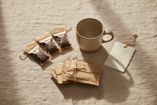 Curated coffee gift set with specialty bean samplers and coffee packets on a linen background
