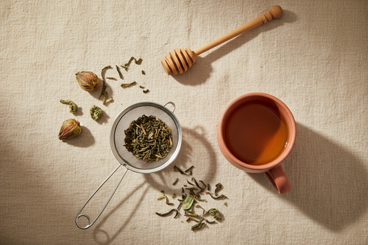 Loose leaf tea flat lay with stainless steel mesh infuser, ceramic mug, and dried tea leaves on linen surface