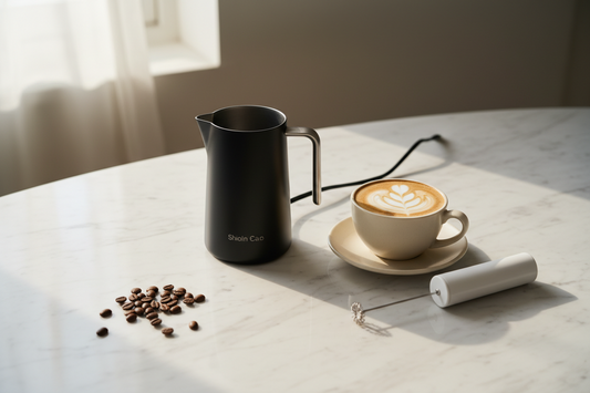 Automatic and handheld milk frothers next to a foamy latte mug on a marble home café counter