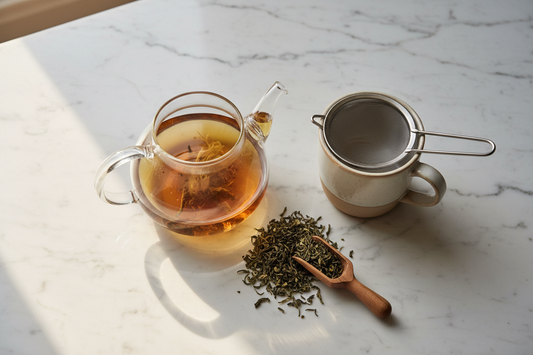 Loose leaf tea infuser and glass teapot on a marble home café counter