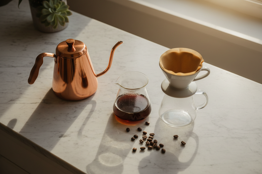 Pour over coffee starter kit with gooseneck kettle, glass carafe, and ceramic dripper on a marble counter
